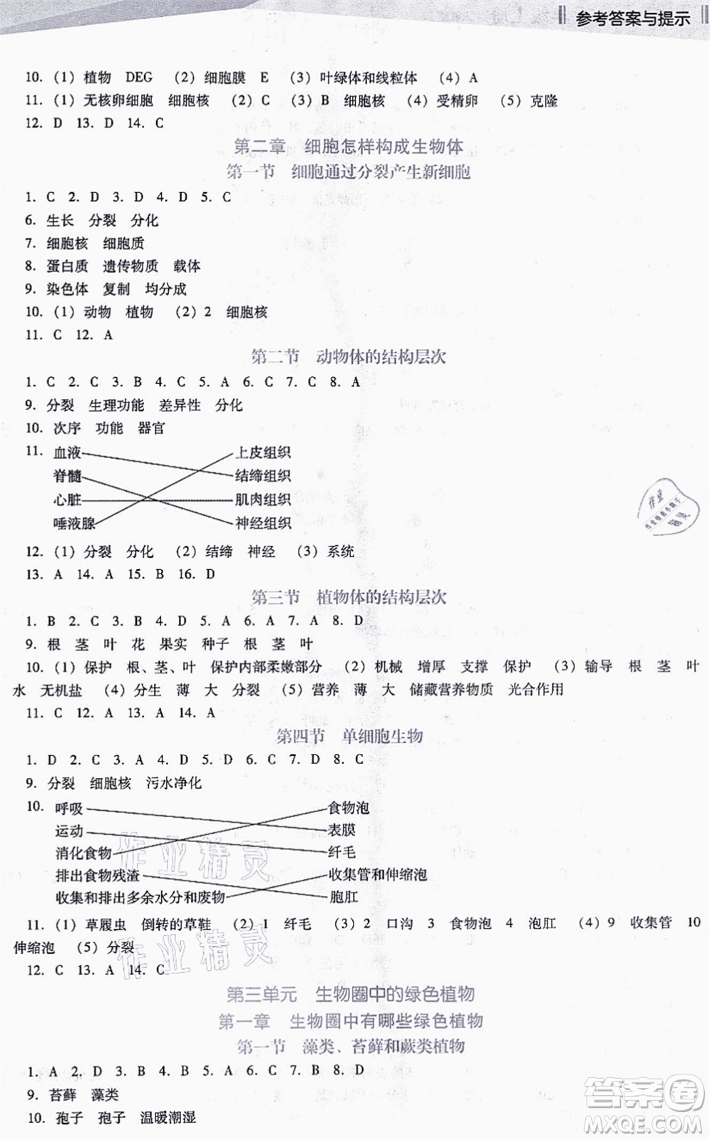 遼海出版社2021新課程生物能力培養(yǎng)七年級上冊人教版D版答案