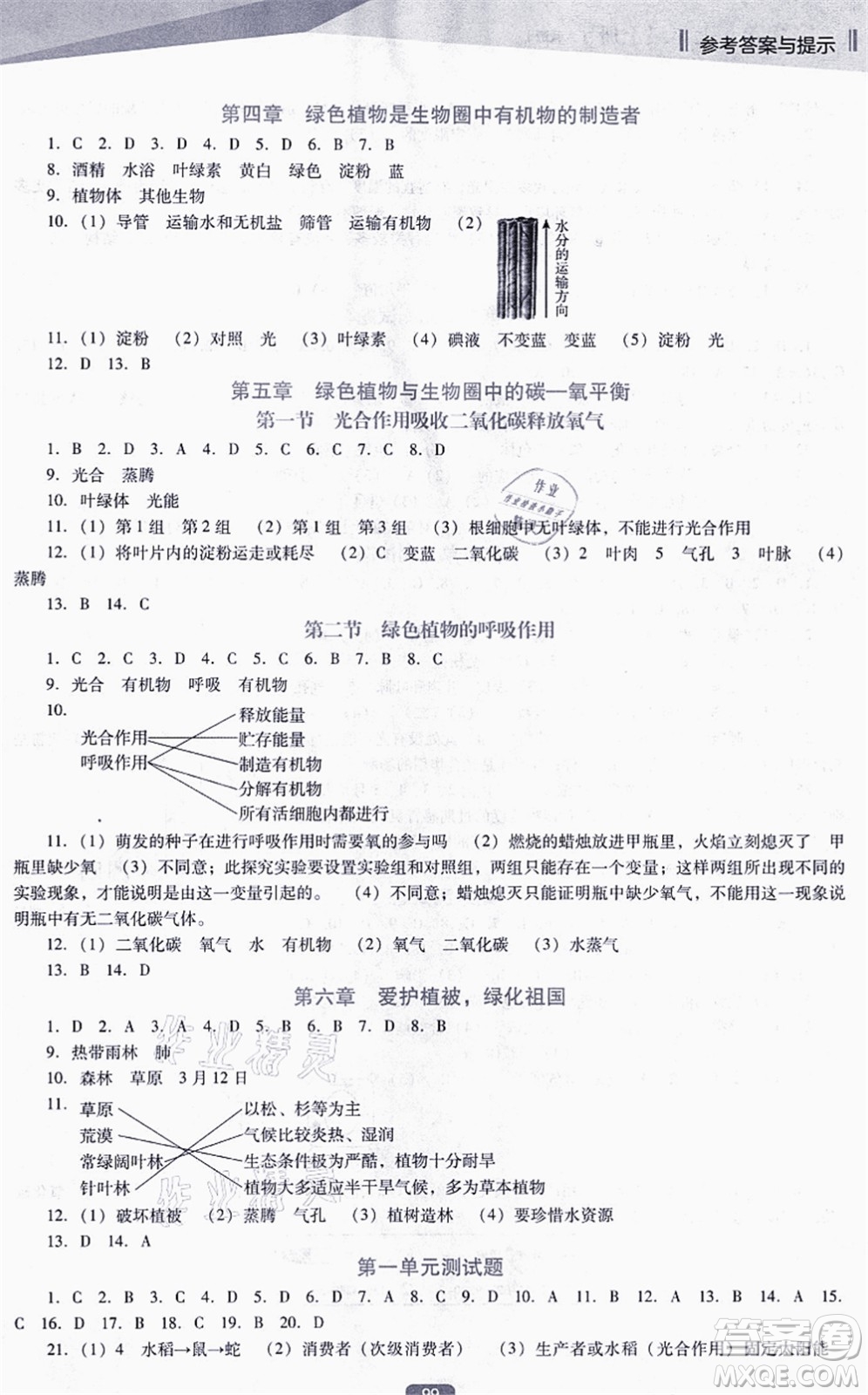 遼海出版社2021新課程生物能力培養(yǎng)七年級上冊人教版D版答案