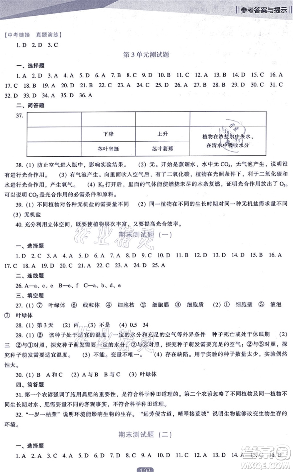 遼海出版社2021新課程生物能力培養(yǎng)七年級(jí)上冊(cè)蘇教版答案