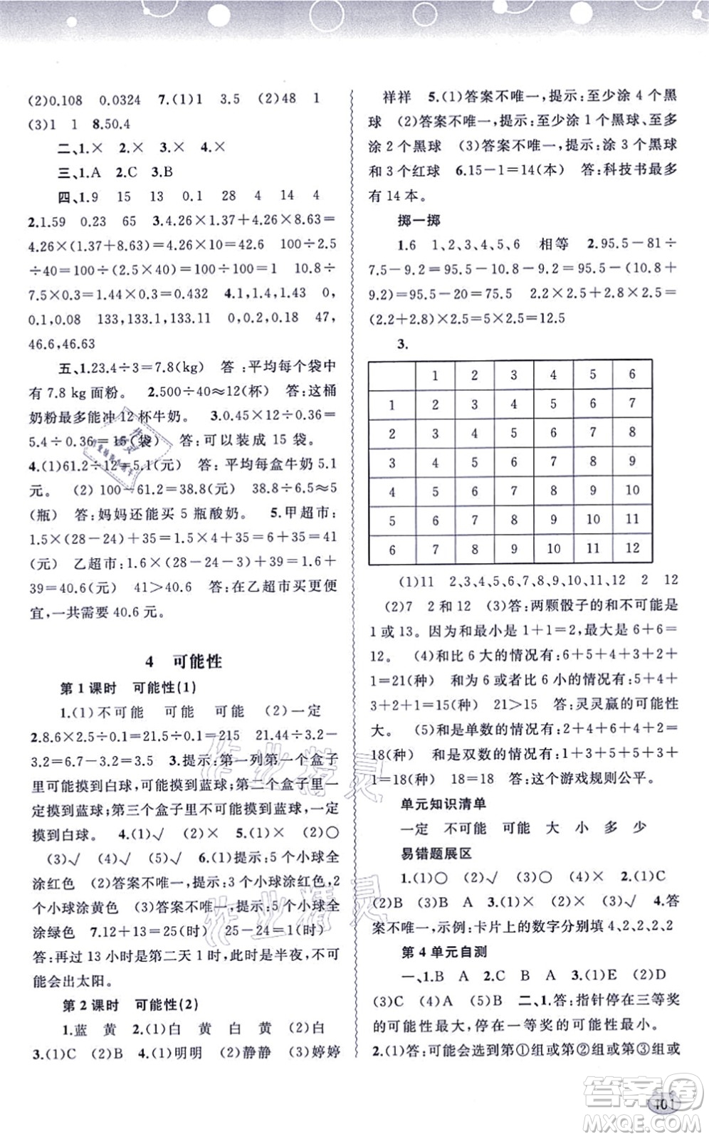 廣西教育出版社2021新課程學習與測評同步學習五年級數學上冊人教版答案