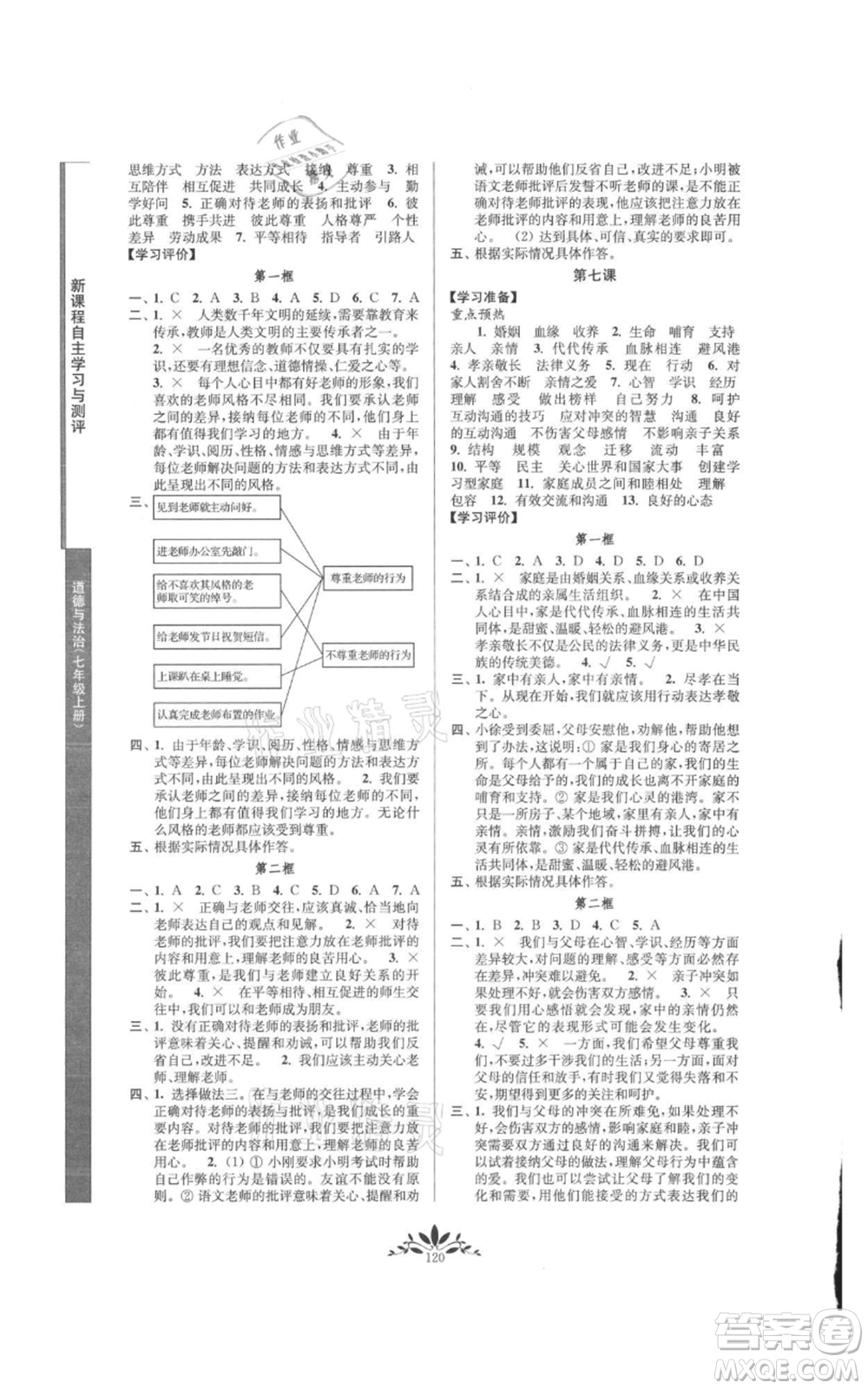 南京師范大學(xué)出版社2021新課程自主學(xué)習(xí)與測(cè)評(píng)七年級(jí)上冊(cè)道德與法治人教版參考答案