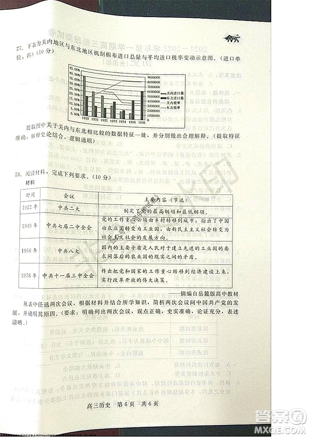 陜西十校聯考2021-2022學年第一學期高三階段測試卷歷史全國卷試題及答案