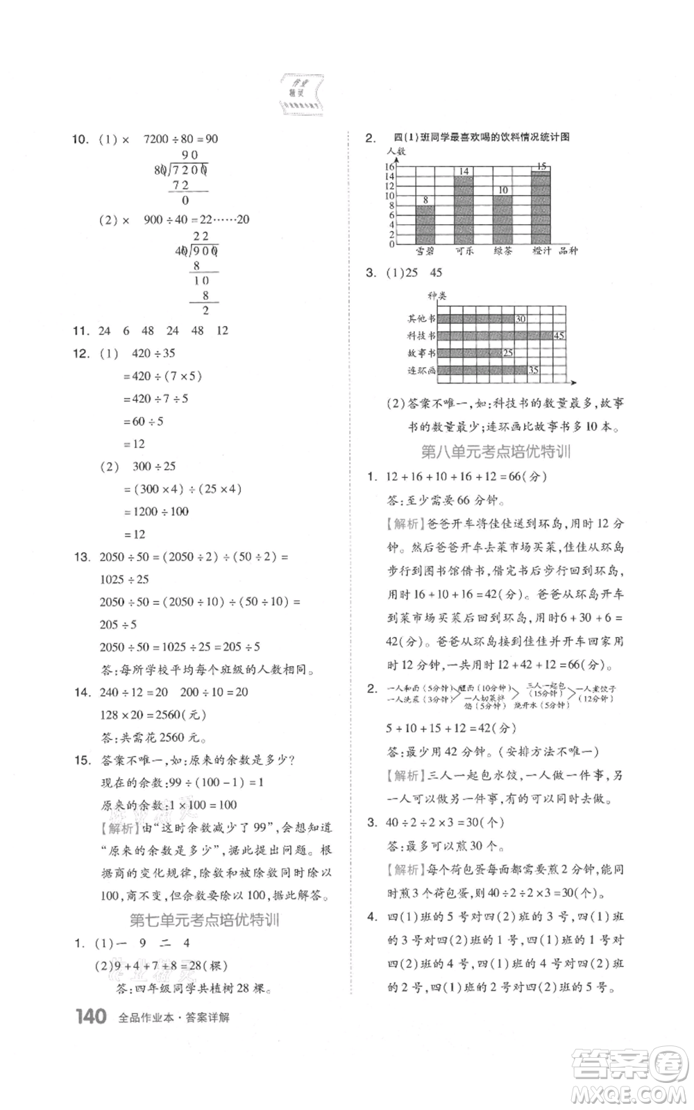 天津人民出版社2021全品作業(yè)本四年級上冊數(shù)學人教版參考答案