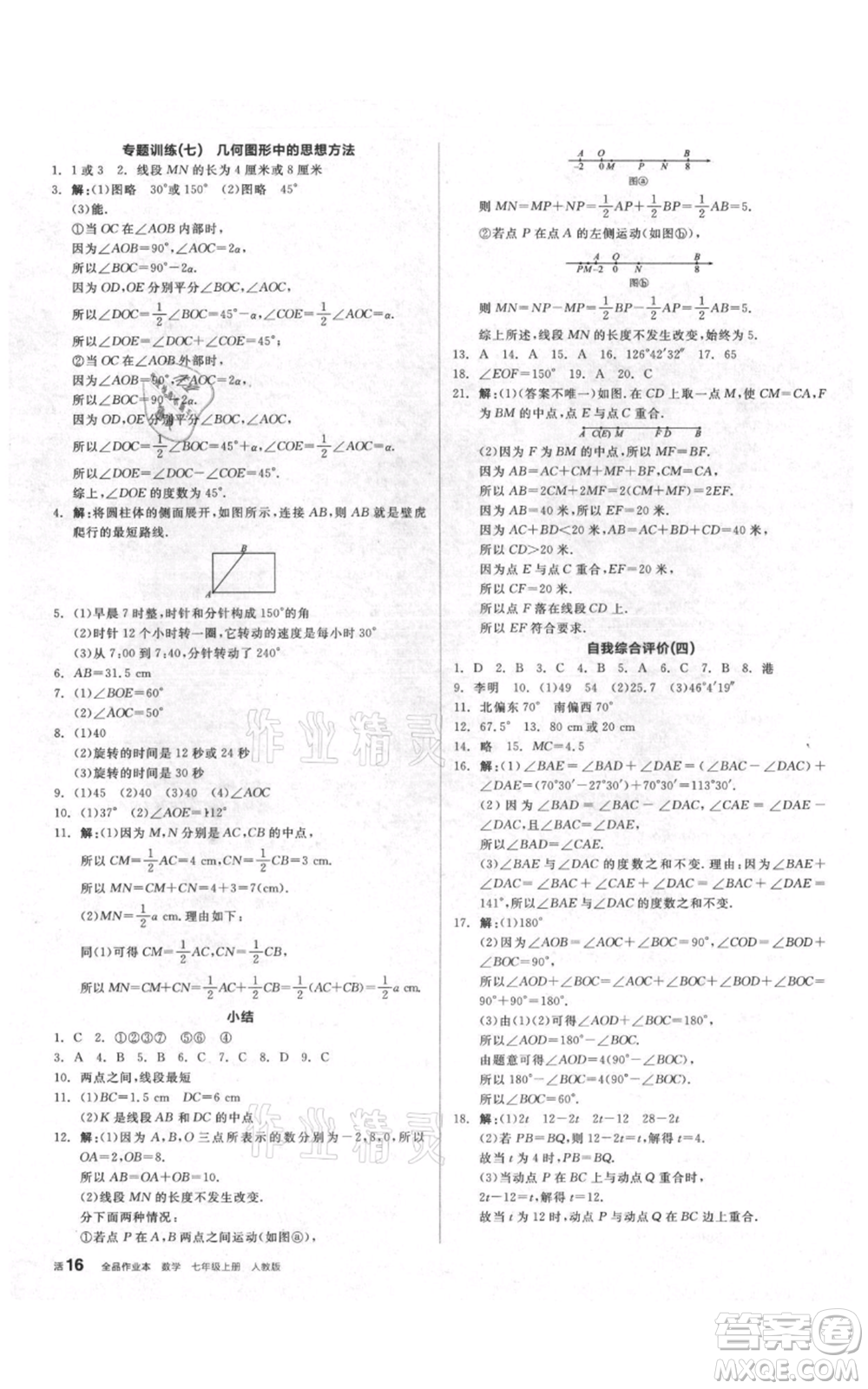 天津人民出版社2021全品作業(yè)本七年級上冊數(shù)學(xué)人教版安徽專版參考答案