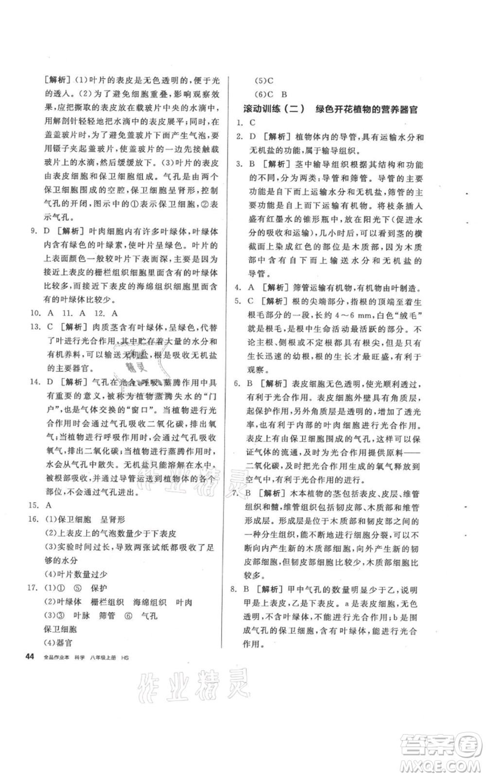 陽光出版社2021全品作業(yè)本八年級(jí)上冊(cè)科學(xué)華師大版參考答案