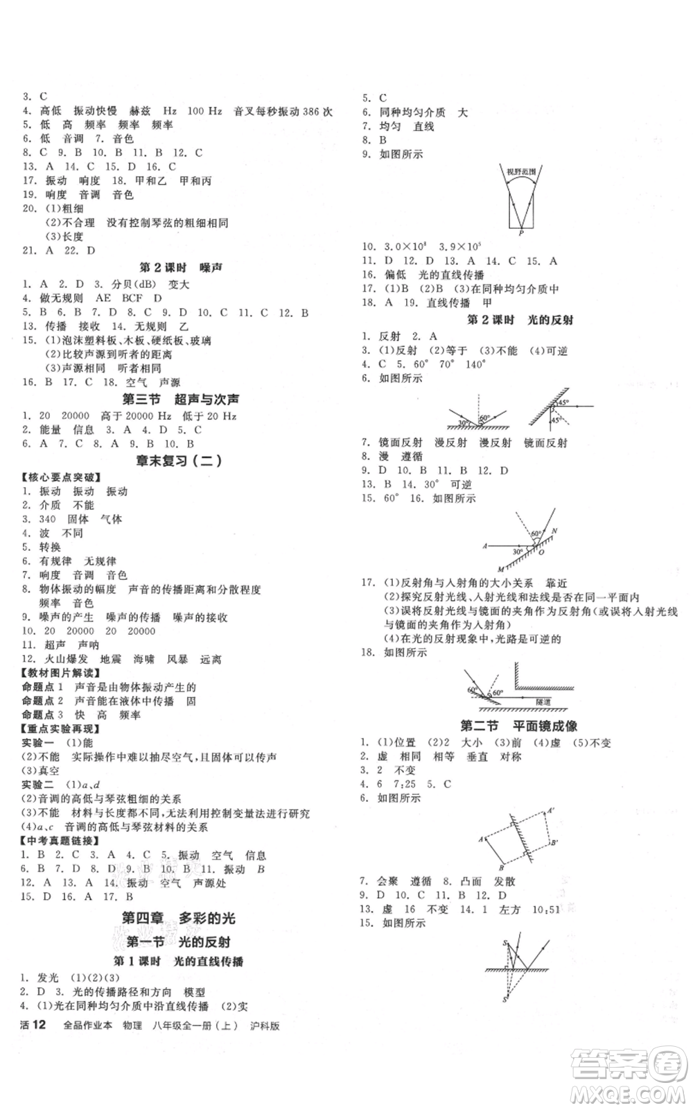 陽光出版社2021全品作業(yè)本八年級上冊物理滬科版參考答案