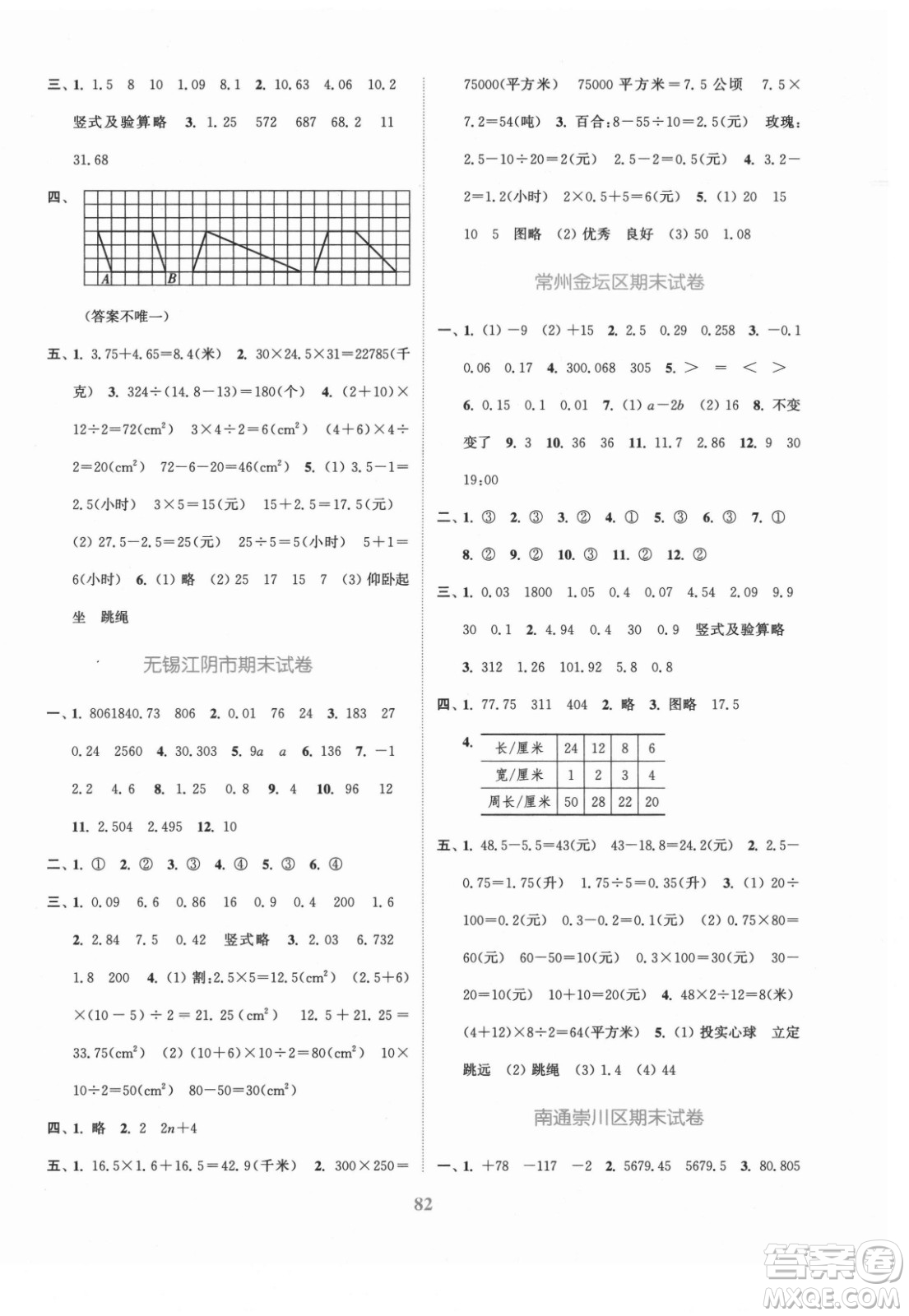 北方婦女兒童出版社2021秋江蘇金考卷數(shù)學(xué)五年級上冊江蘇版答案