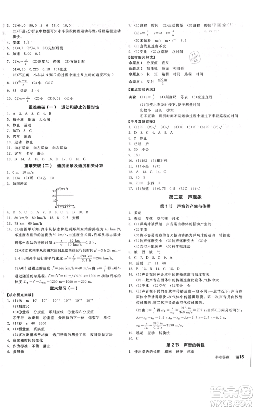 天津人民出版社2021全品作業(yè)本八年級(jí)上冊(cè)物理人教版河北專版參考答案