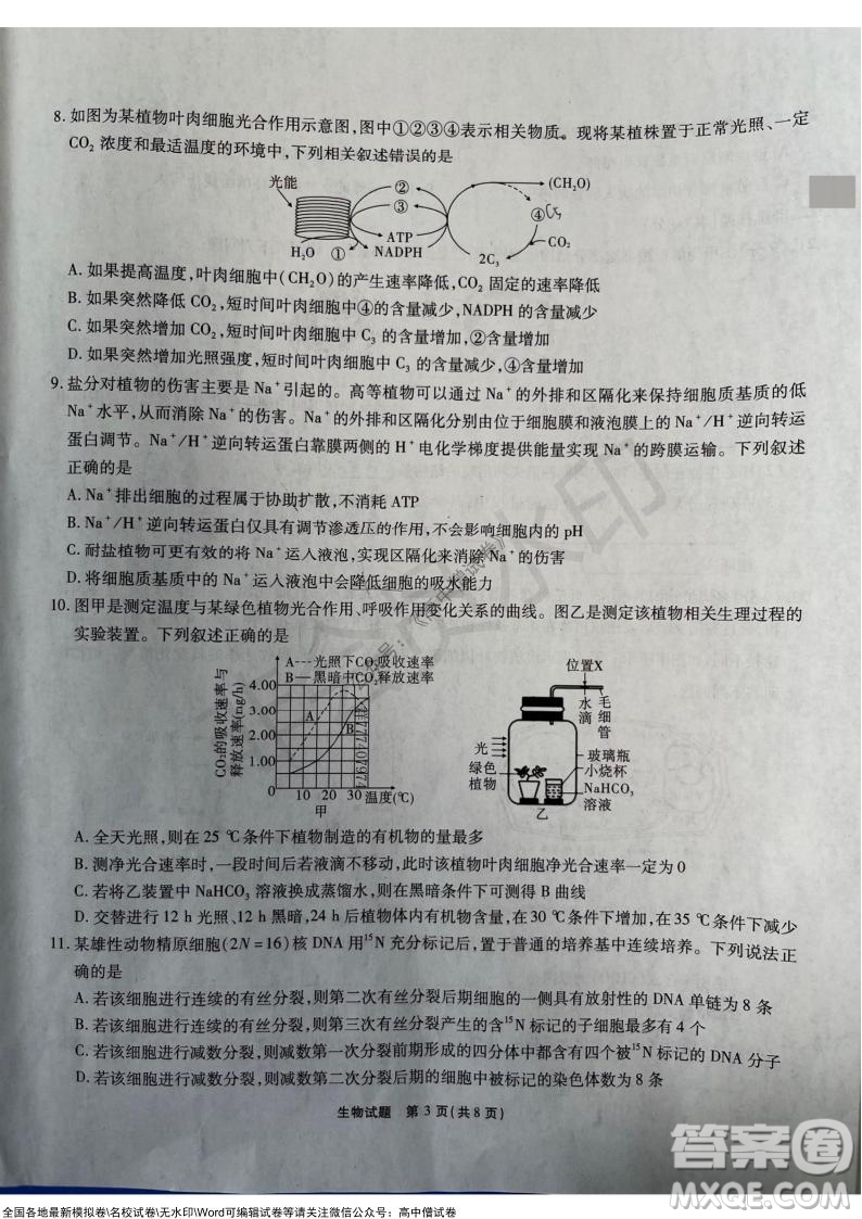 重慶市高2022屆高三第三次質量檢測生物試題及答案