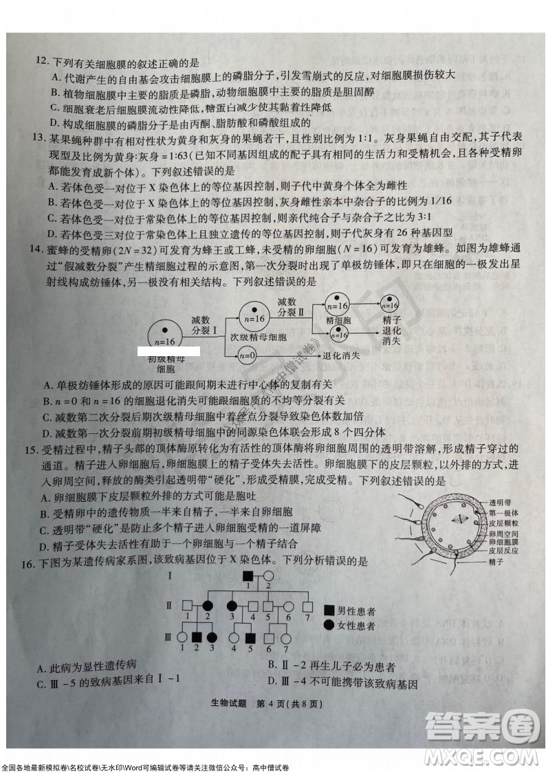 重慶市高2022屆高三第三次質量檢測生物試題及答案