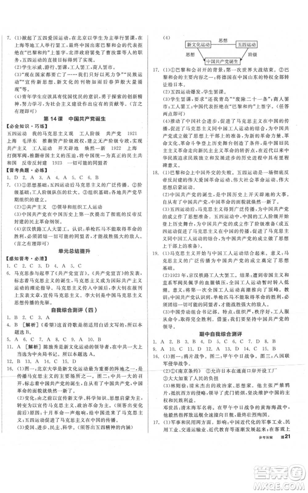 河北科學(xué)技術(shù)出版社2021全品作業(yè)本八年級上冊歷史人教版山西專版參考答案