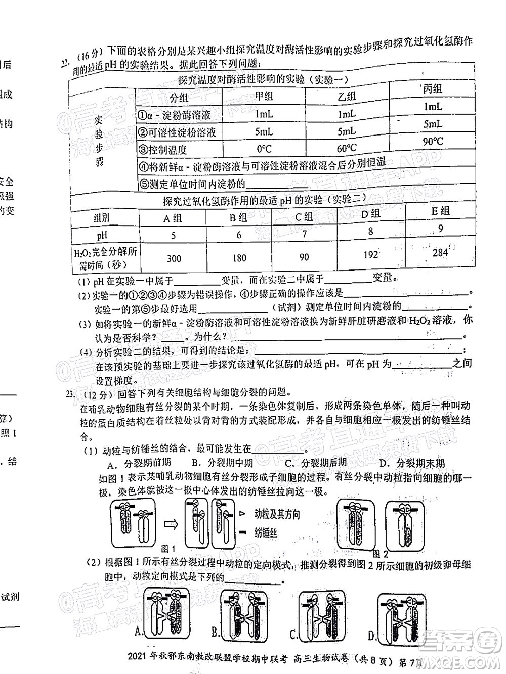 2021年秋季鄂東南省級示范高中教育教學改革聯(lián)盟學校期中聯(lián)考高三生物試題及答案