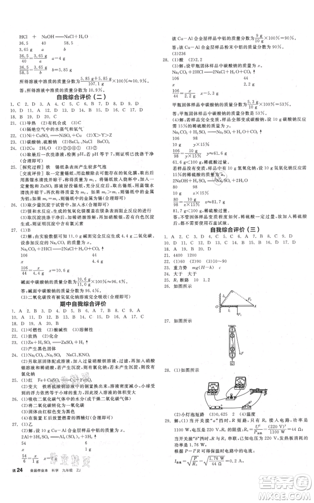 陽光出版社2021全品作業(yè)本九年級(jí)科學(xué)浙教版參考答案