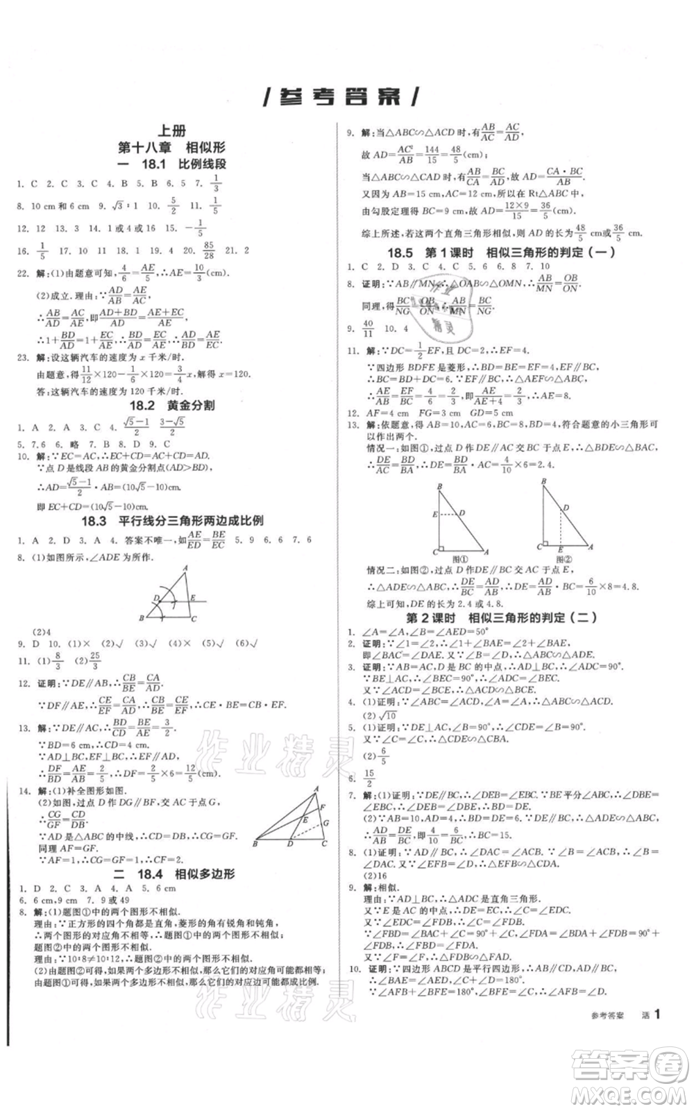 陽光出版社2021全品作業(yè)本九年級(jí)數(shù)學(xué)北京課改版參考答案