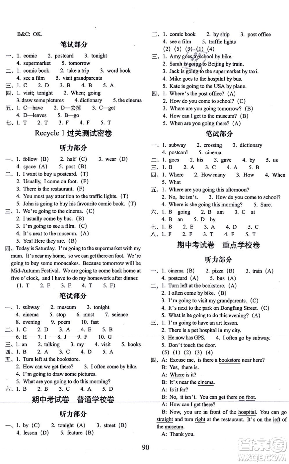 長春出版社2021期末沖刺100分完全試卷六年級英語上冊人教PEP版答案