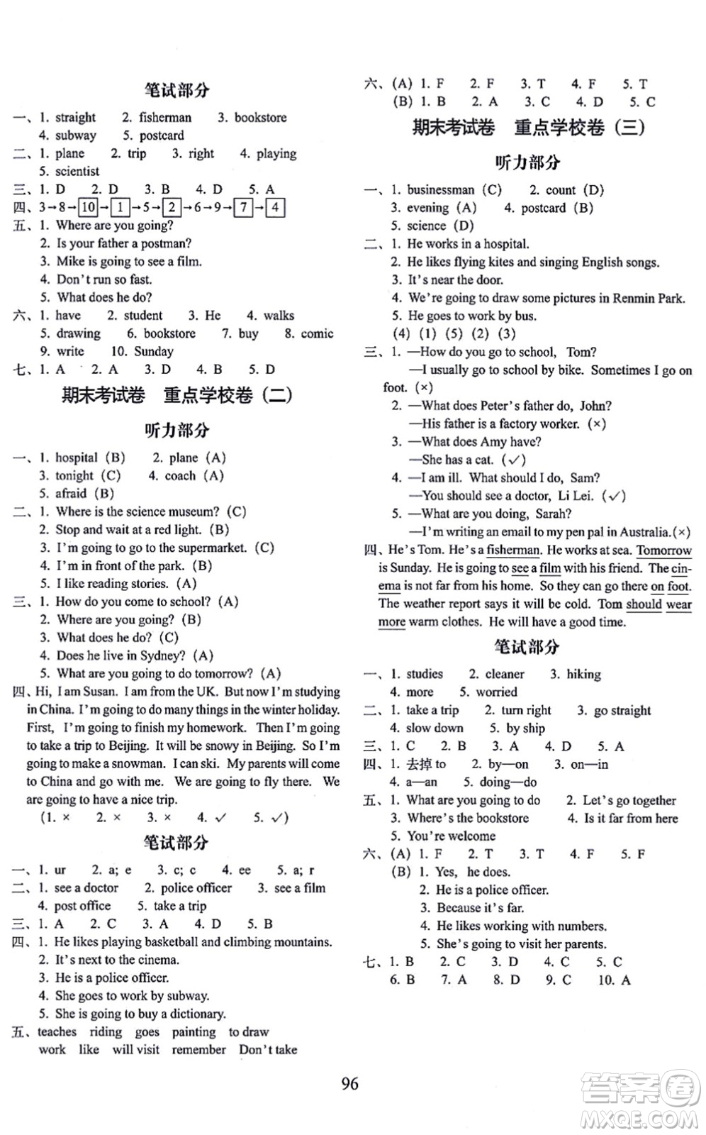 長春出版社2021期末沖刺100分完全試卷六年級英語上冊人教PEP版答案