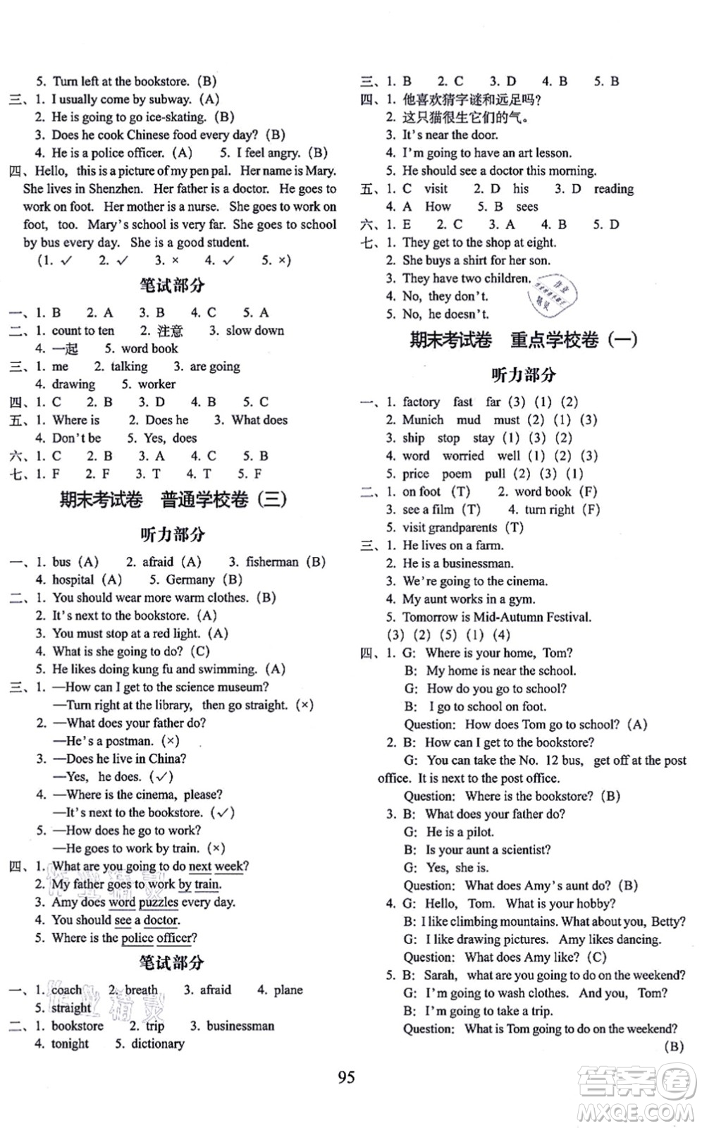 長春出版社2021期末沖刺100分完全試卷六年級英語上冊人教PEP版答案