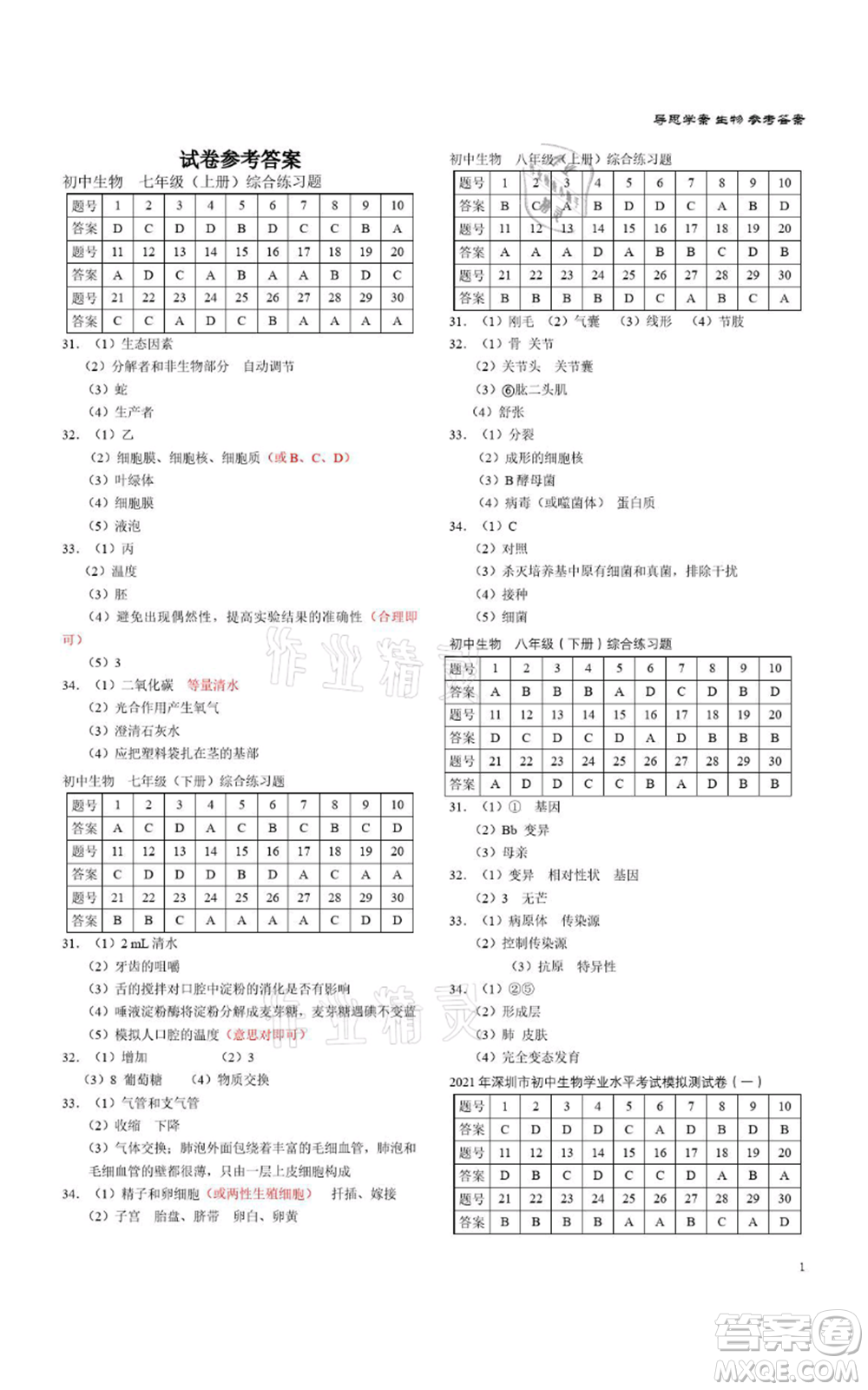 廣州出版社2021導思學案深圳會考八年級生物通用版深圳專版參考答案