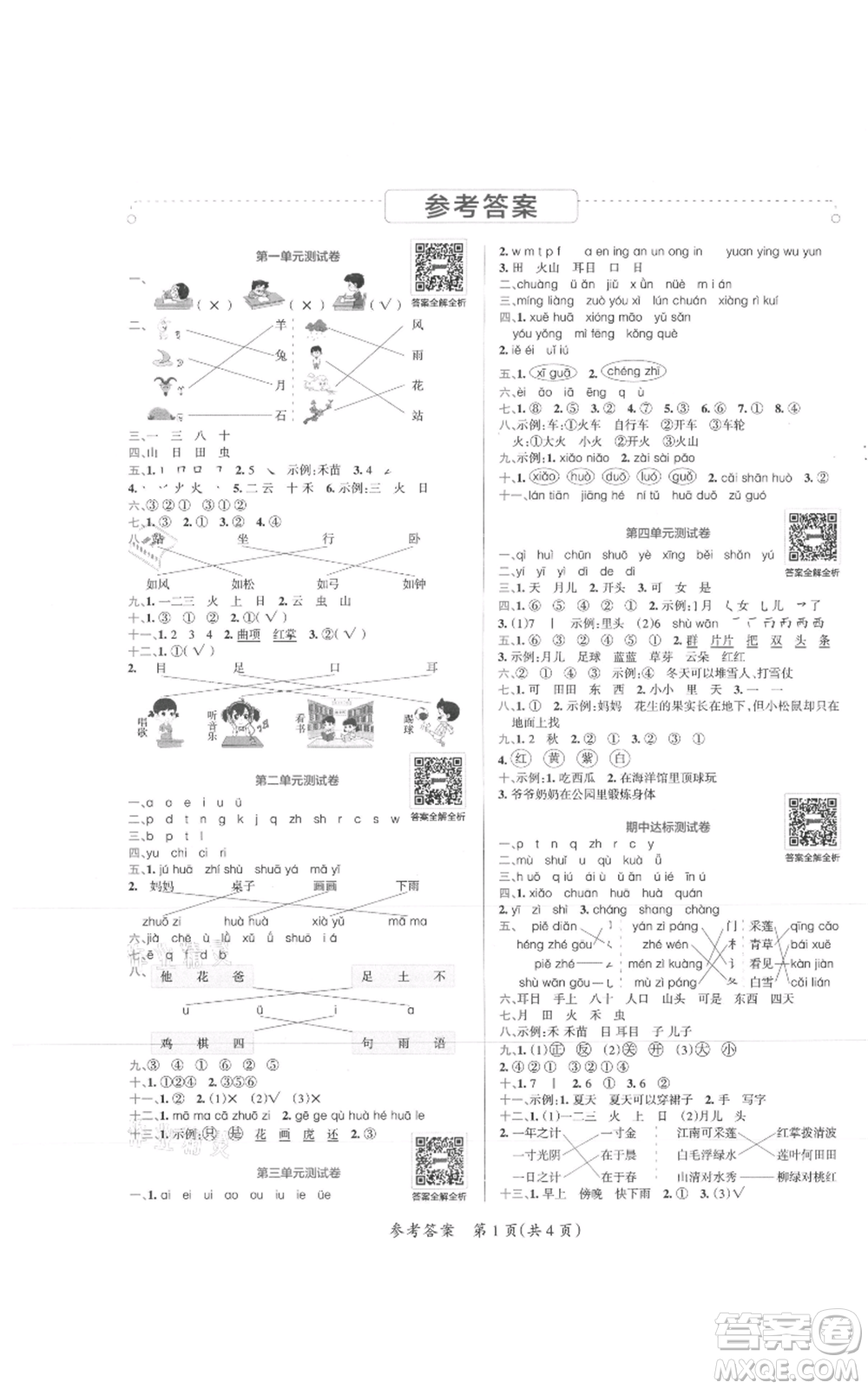 陜西師范大學(xué)出版總社有限公司2021小學(xué)學(xué)霸單元期末標(biāo)準(zhǔn)卷一年級(jí)上冊(cè)語(yǔ)文人教版參考答案