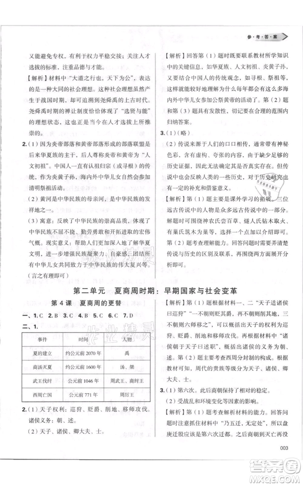 天津教育出版社2021學(xué)習(xí)質(zhì)量監(jiān)測七年級上冊歷史人教版參考答案