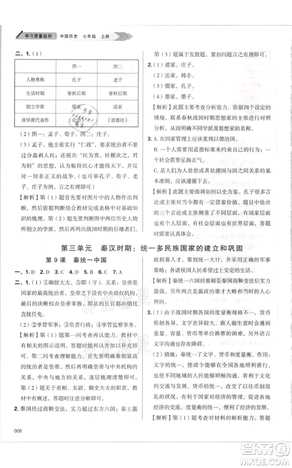 天津教育出版社2021學(xué)習(xí)質(zhì)量監(jiān)測七年級上冊歷史人教版參考答案