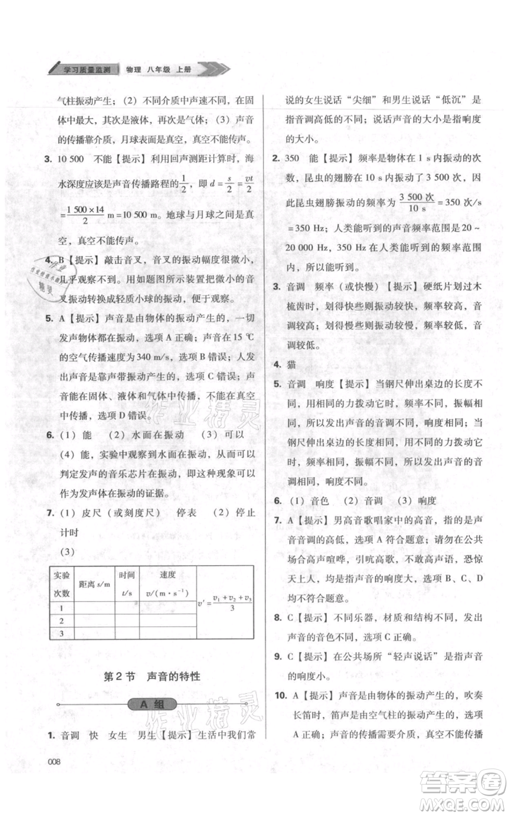 天津教育出版社2021學習質(zhì)量監(jiān)測八年級上冊物理人教版參考答案