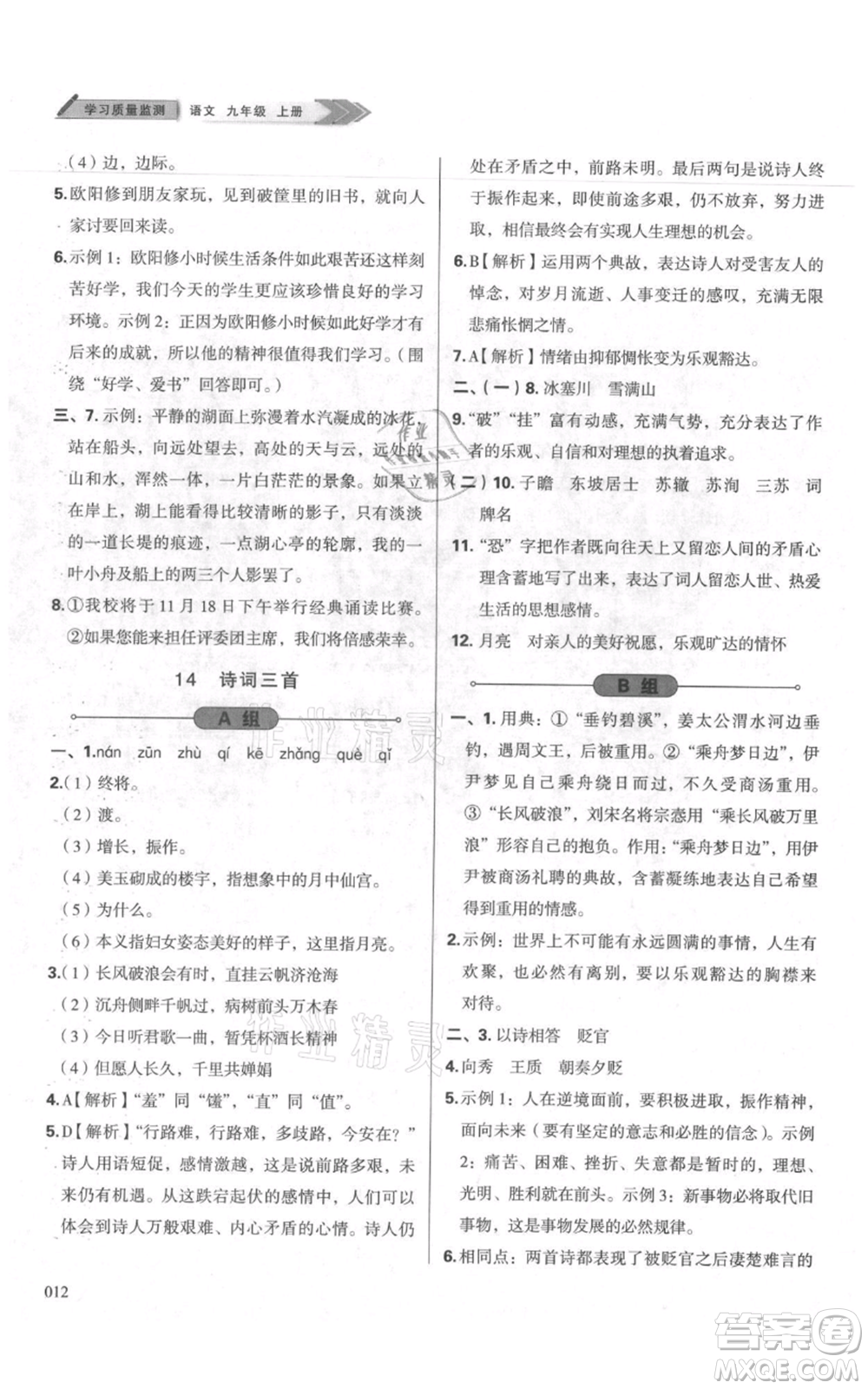 天津教育出版社2021學(xué)習(xí)質(zhì)量監(jiān)測九年級上冊語文人教版參考答案