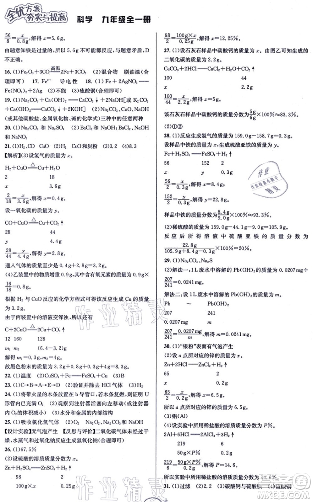 華東師范大學(xué)出版社2021全優(yōu)方案夯實(shí)與提高九年級(jí)科學(xué)全一冊(cè)Z浙教版答案