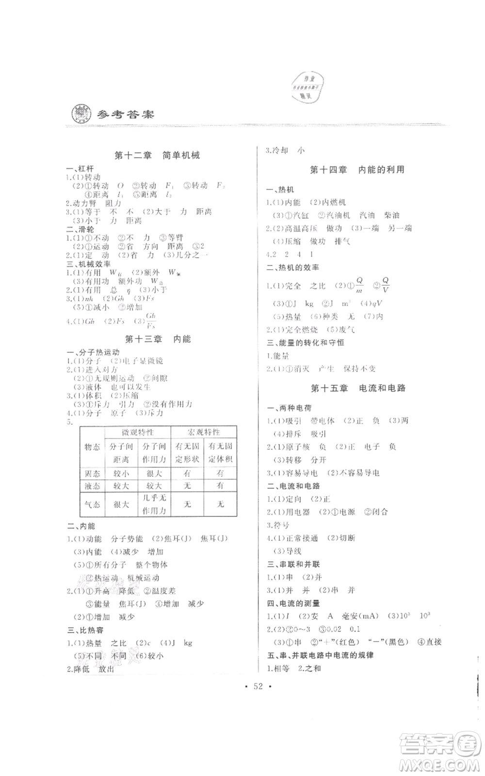 延邊人民出版社2021總復習測試九年級物理人教版參考答案