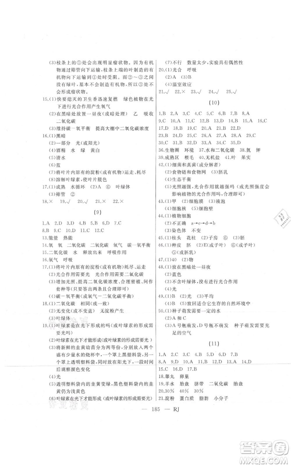 延邊人民出版社2021總復習測試九年級生物人教版參考答案