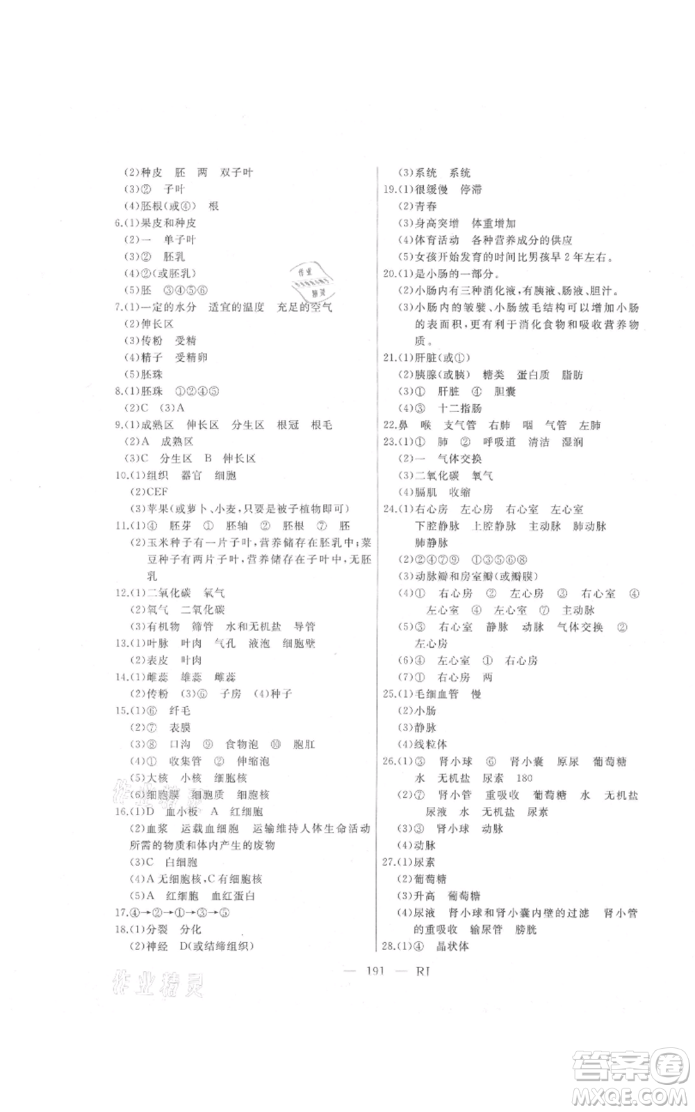 延邊人民出版社2021總復習測試九年級生物人教版參考答案