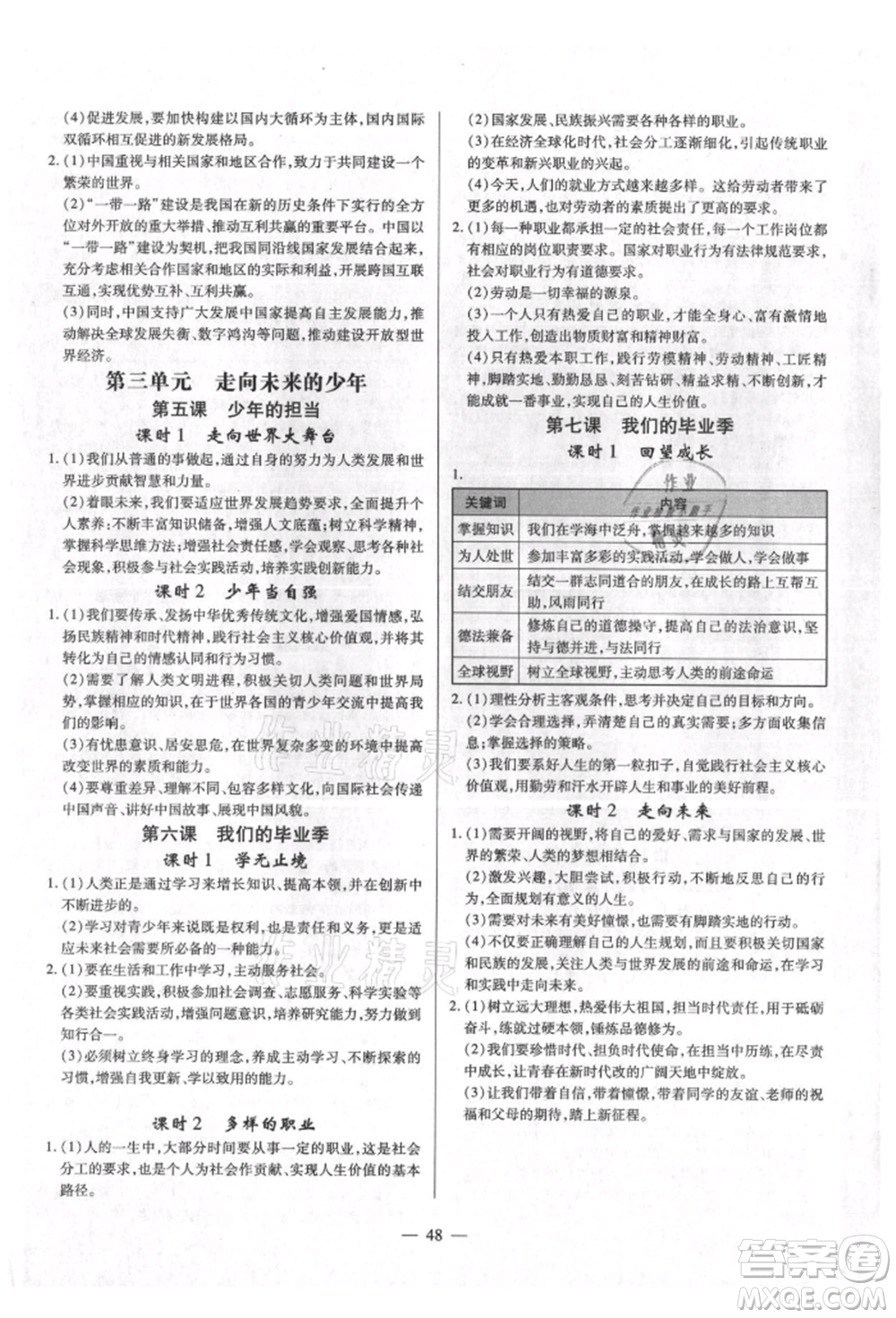 鄭州大學(xué)出版社2021考點(diǎn)跟蹤同步訓(xùn)練九年級(jí)道德與法治人教版深圳專版參考答案