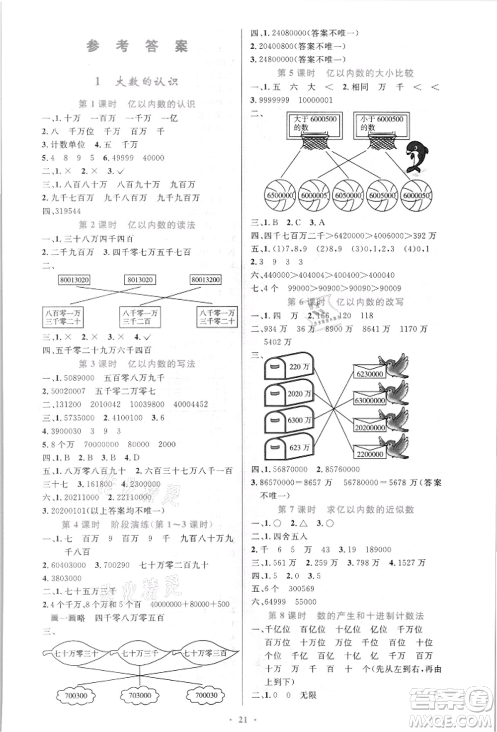 人民教育出版社2021小學同步測控優(yōu)化設計四年級上冊數(shù)學人教版新疆專版參考答案