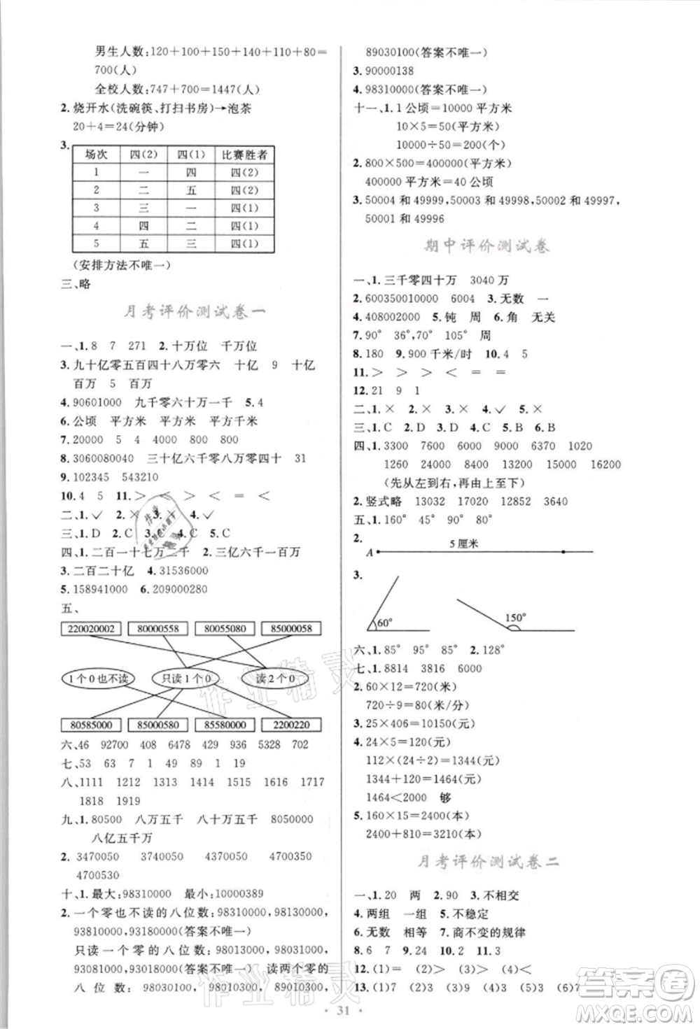 人民教育出版社2021小學同步測控優(yōu)化設計四年級上冊數(shù)學人教版新疆專版參考答案