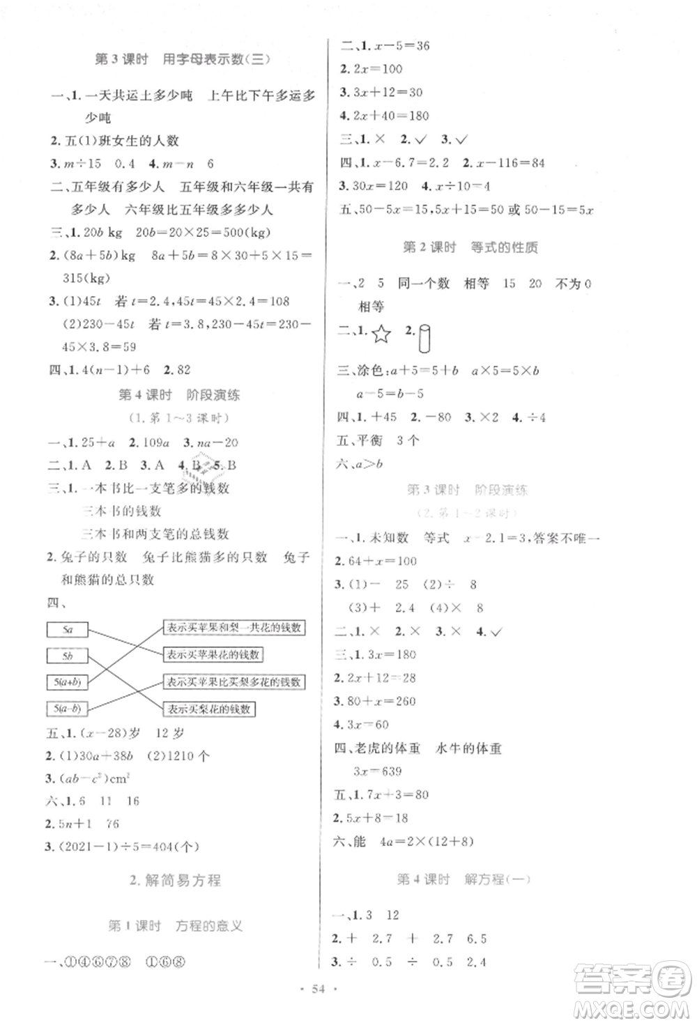 人民教育出版社2021小學(xué)同步測控優(yōu)化設(shè)計五年級數(shù)學(xué)上冊人教版增強版內(nèi)蒙古專版參考答案