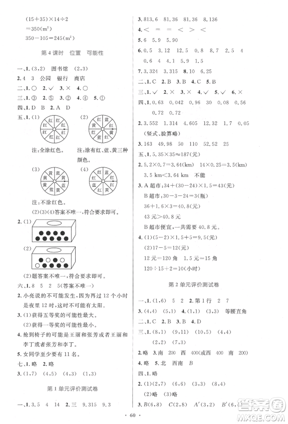 人民教育出版社2021小學(xué)同步測控優(yōu)化設(shè)計五年級數(shù)學(xué)上冊人教版增強版內(nèi)蒙古專版參考答案