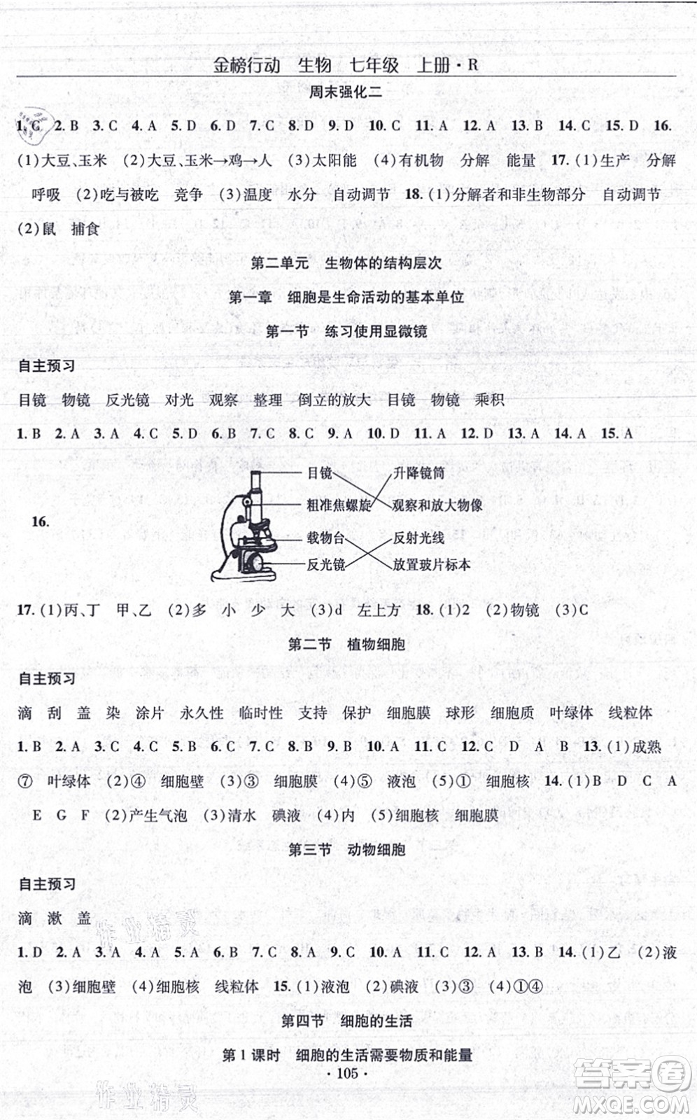 湖北科學(xué)技術(shù)出版社2021金榜行動課時導(dǎo)學(xué)案七年級生物上冊R人教版答案