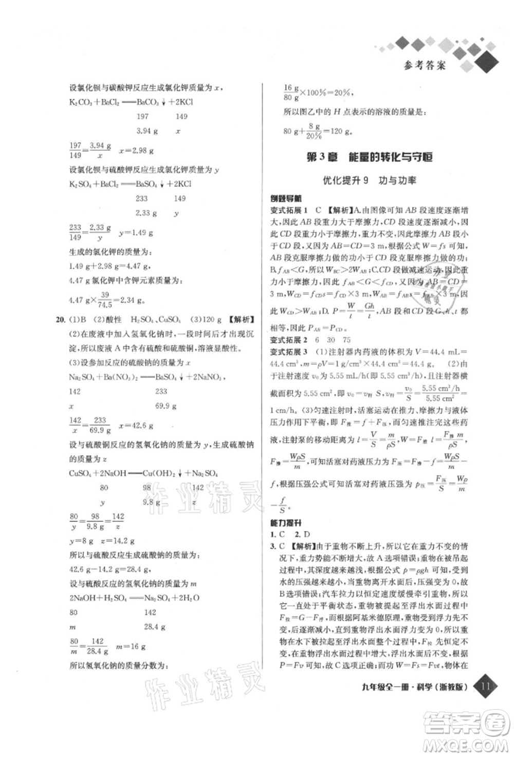 延邊人民出版社2021勵耘新培優(yōu)九年級科學(xué)浙教版參考答案