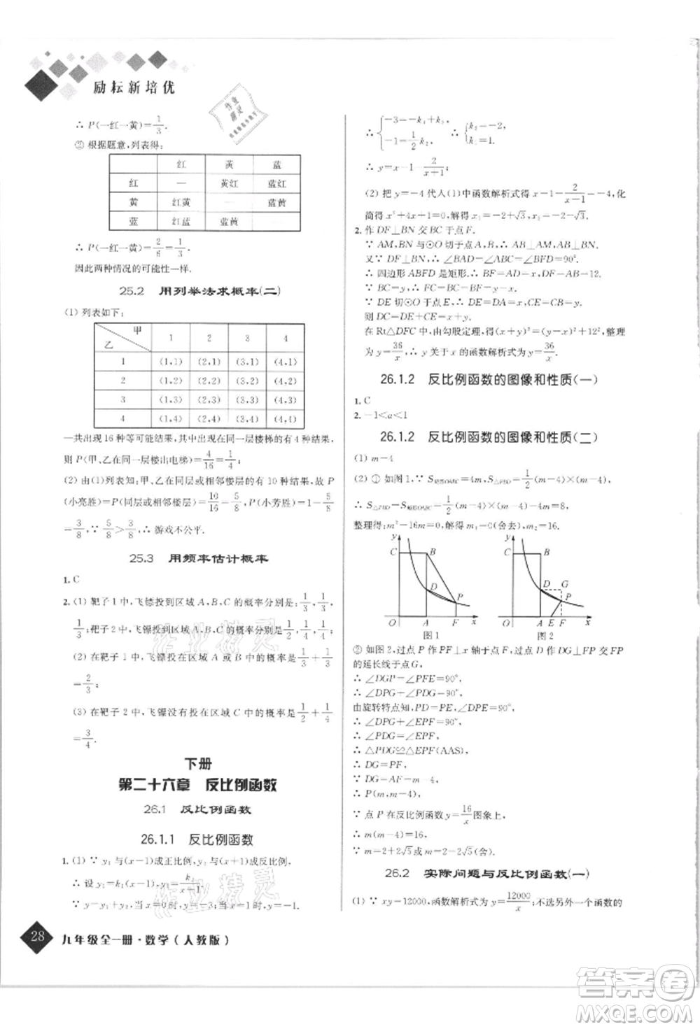 延邊人民出版社2021勵(lì)耘新培優(yōu)九年級(jí)數(shù)學(xué)人教版參考答案