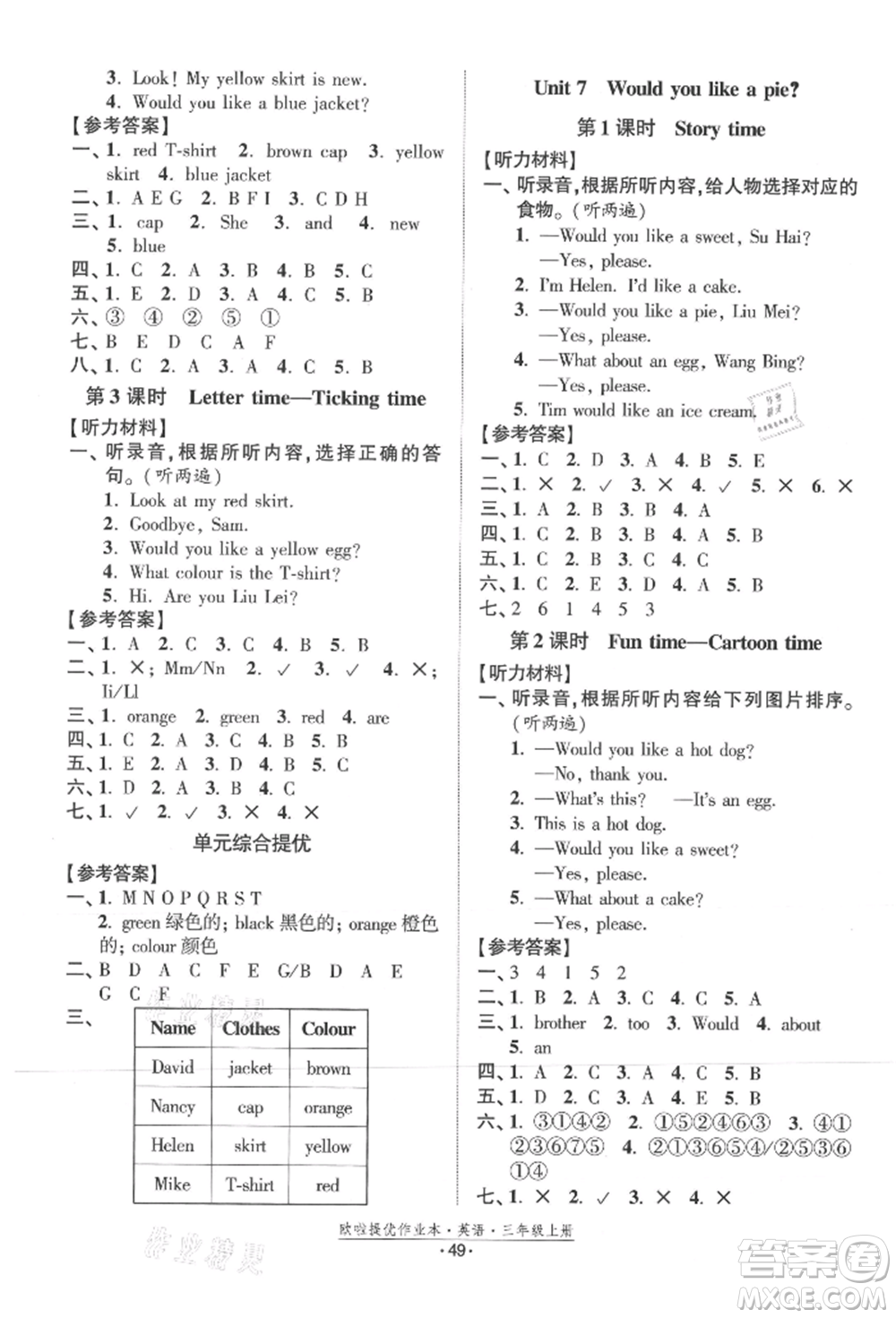 江蘇鳳凰美術(shù)出版社2021歐拉提優(yōu)作業(yè)本三年級英語上冊譯林版參考答案