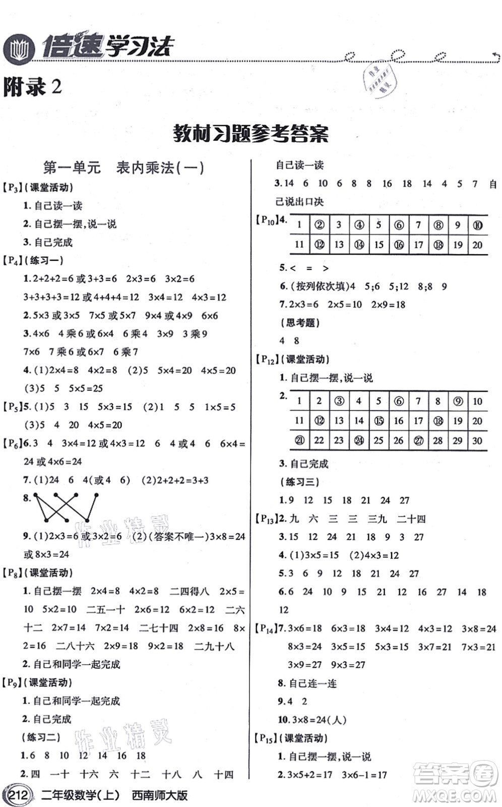 開(kāi)明出版社2021倍速學(xué)習(xí)法二年級(jí)數(shù)學(xué)上冊(cè)西南師大版答案