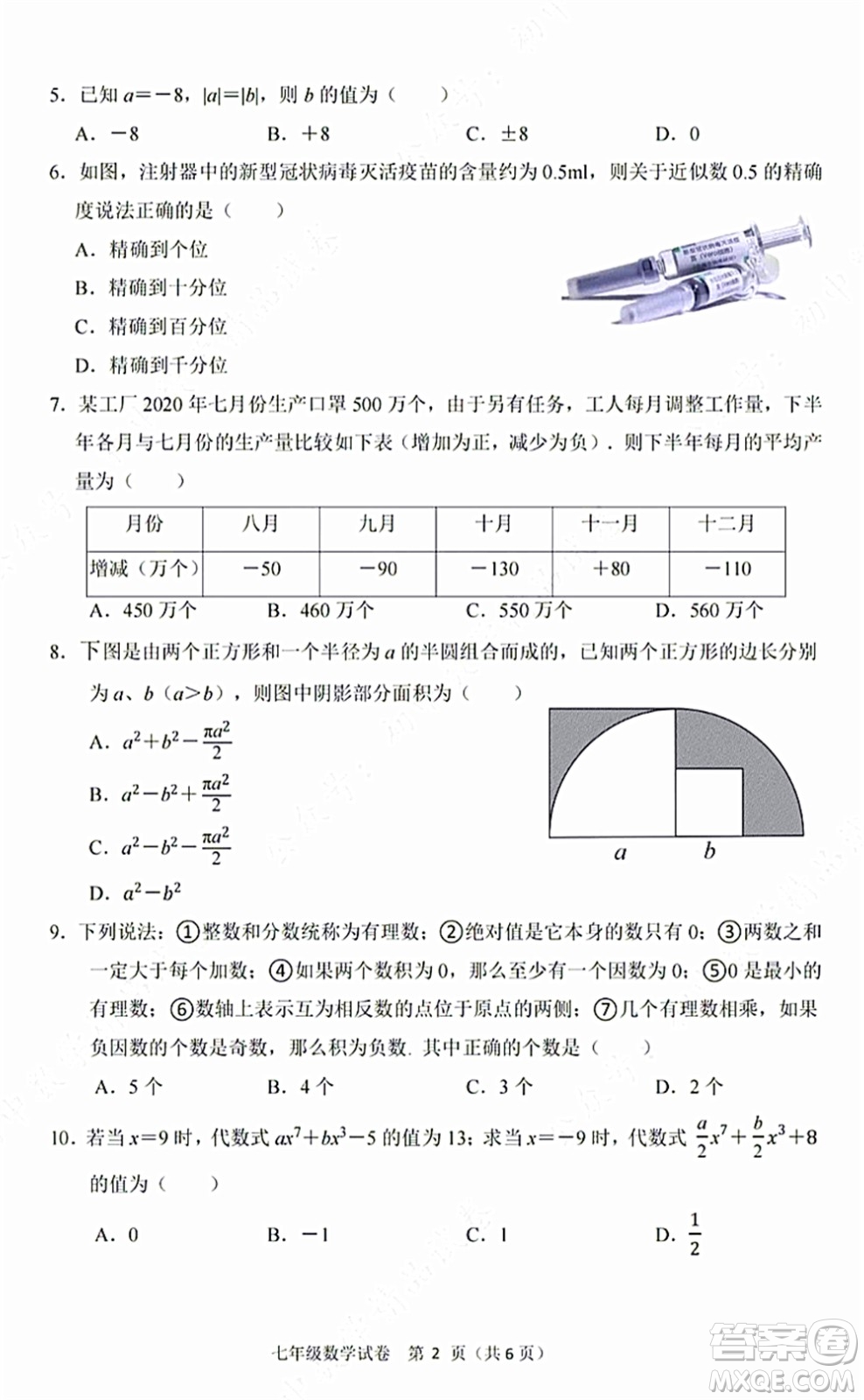 2021-2022學(xué)年度武漢洪山區(qū)七年級(jí)上期中考試數(shù)學(xué)試卷及答案