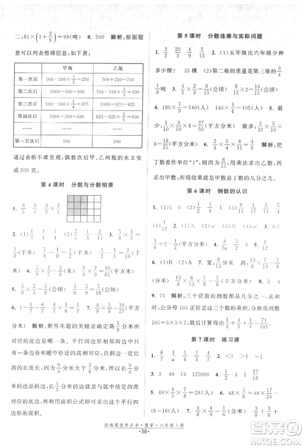 江蘇鳳凰美術(shù)出版社2021歐拉提優(yōu)作業(yè)本六年級數(shù)學上冊蘇教版參考答案