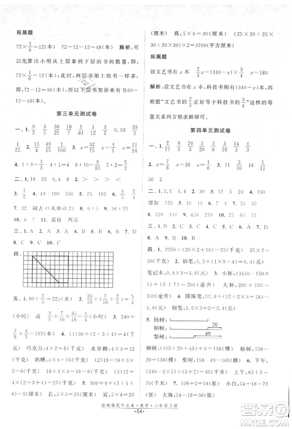 江蘇鳳凰美術(shù)出版社2021歐拉提優(yōu)作業(yè)本六年級數(shù)學上冊蘇教版參考答案