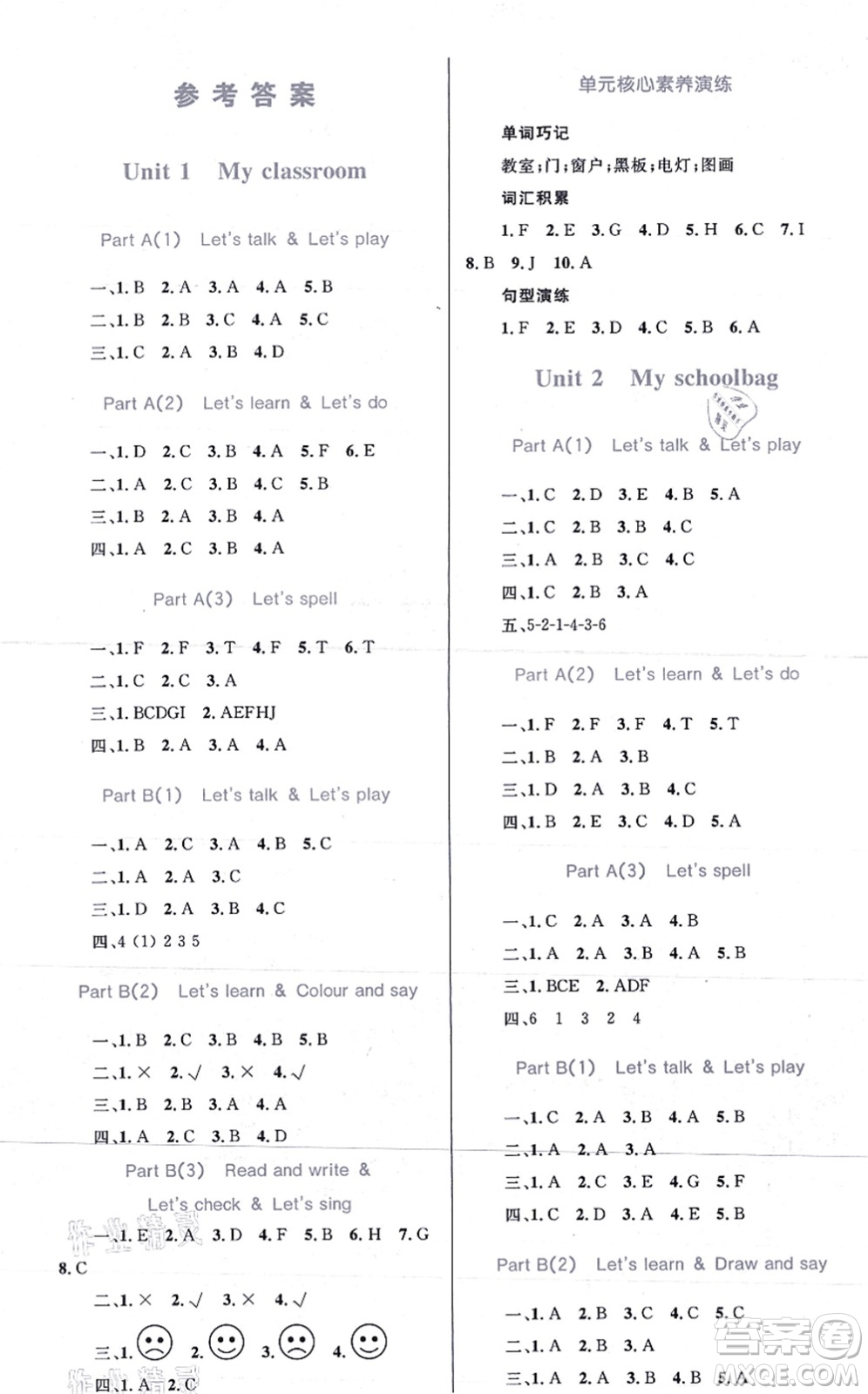 知識出版社2021小學(xué)同步測控全優(yōu)設(shè)計超人天天練四年級英語上冊RJ人教版答案