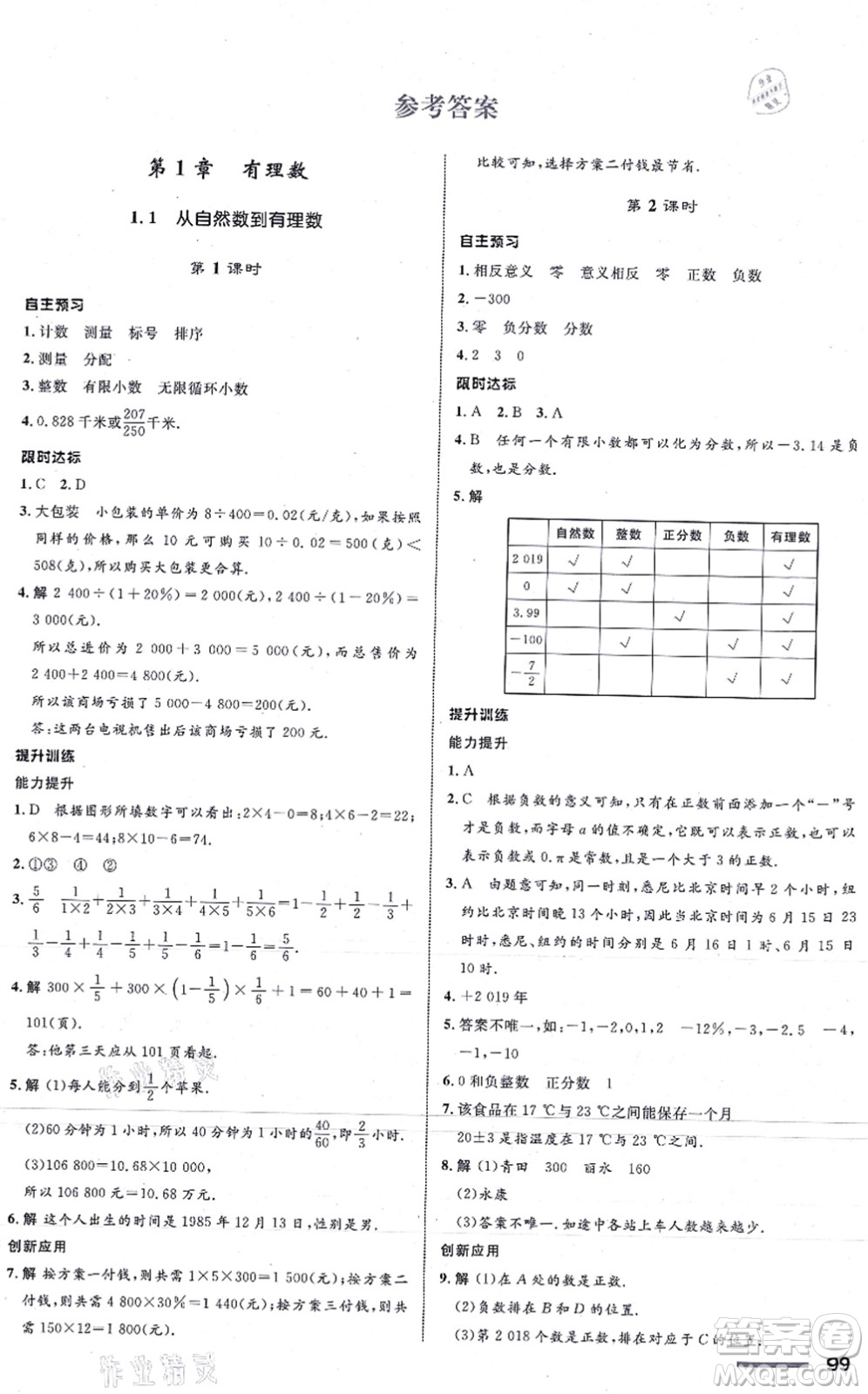 浙江教育出版社2021初中同步測控全優(yōu)設計七年級數學上冊ZH浙教版浙江專版答案