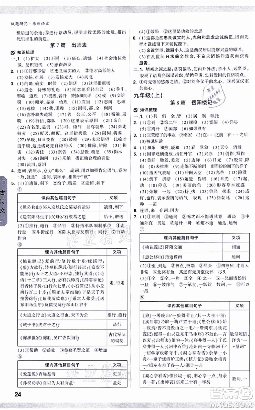 新疆青少年出版社2021萬唯中考試題研究九年級語文徐州專版答案