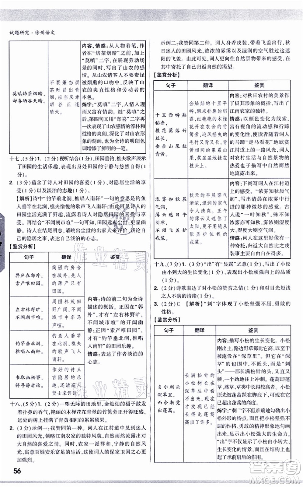 新疆青少年出版社2021萬唯中考試題研究九年級語文徐州專版答案