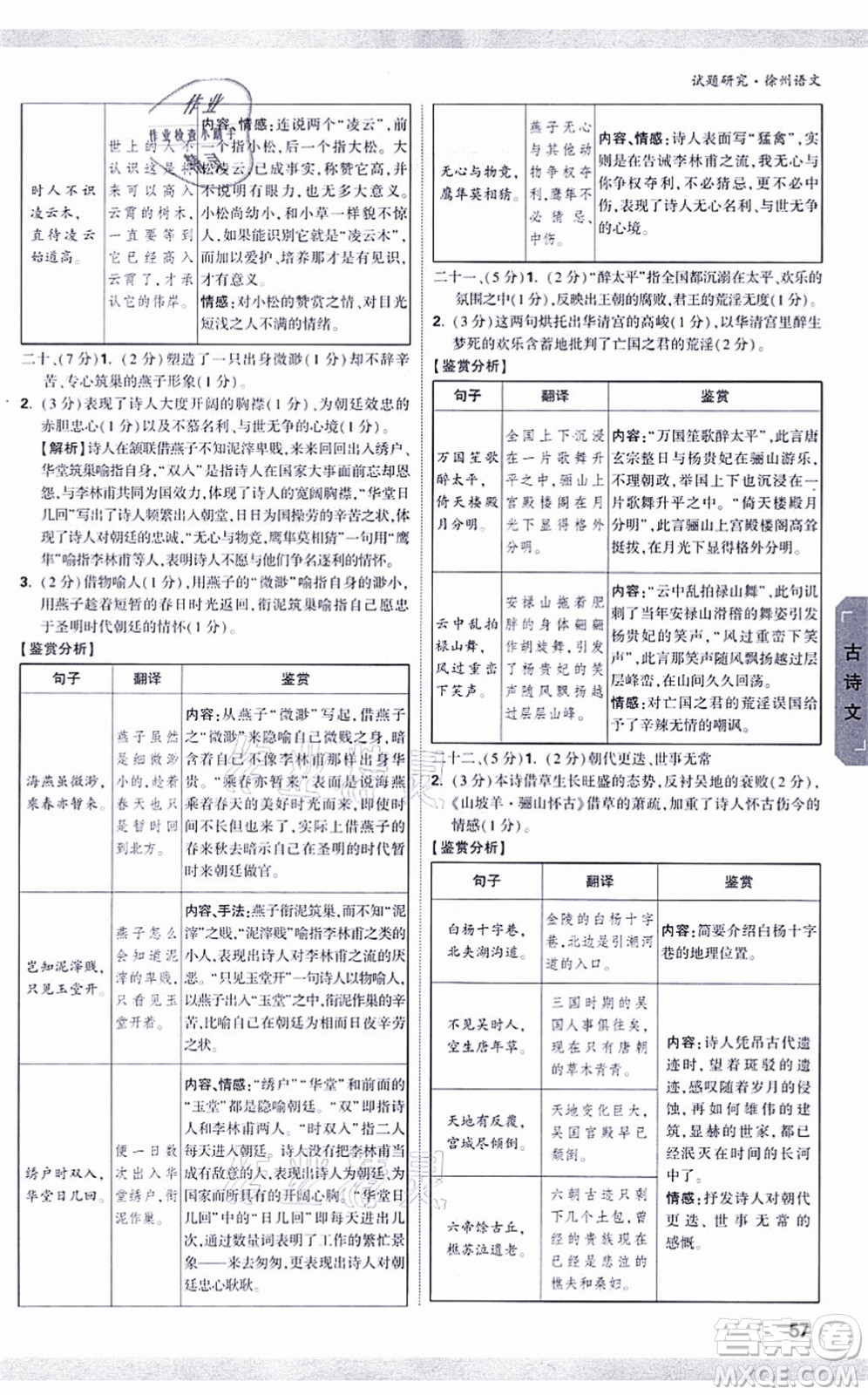 新疆青少年出版社2021萬唯中考試題研究九年級語文徐州專版答案