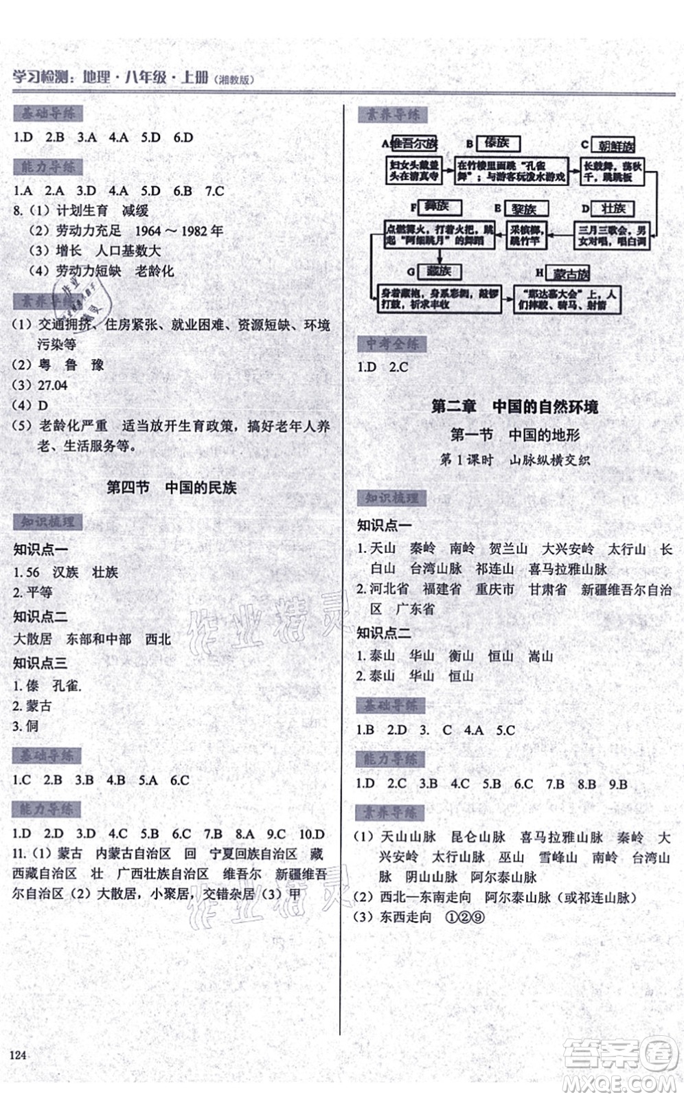 河南大學(xué)出版社2021學(xué)習(xí)檢測八年級地理上冊湘教版答案